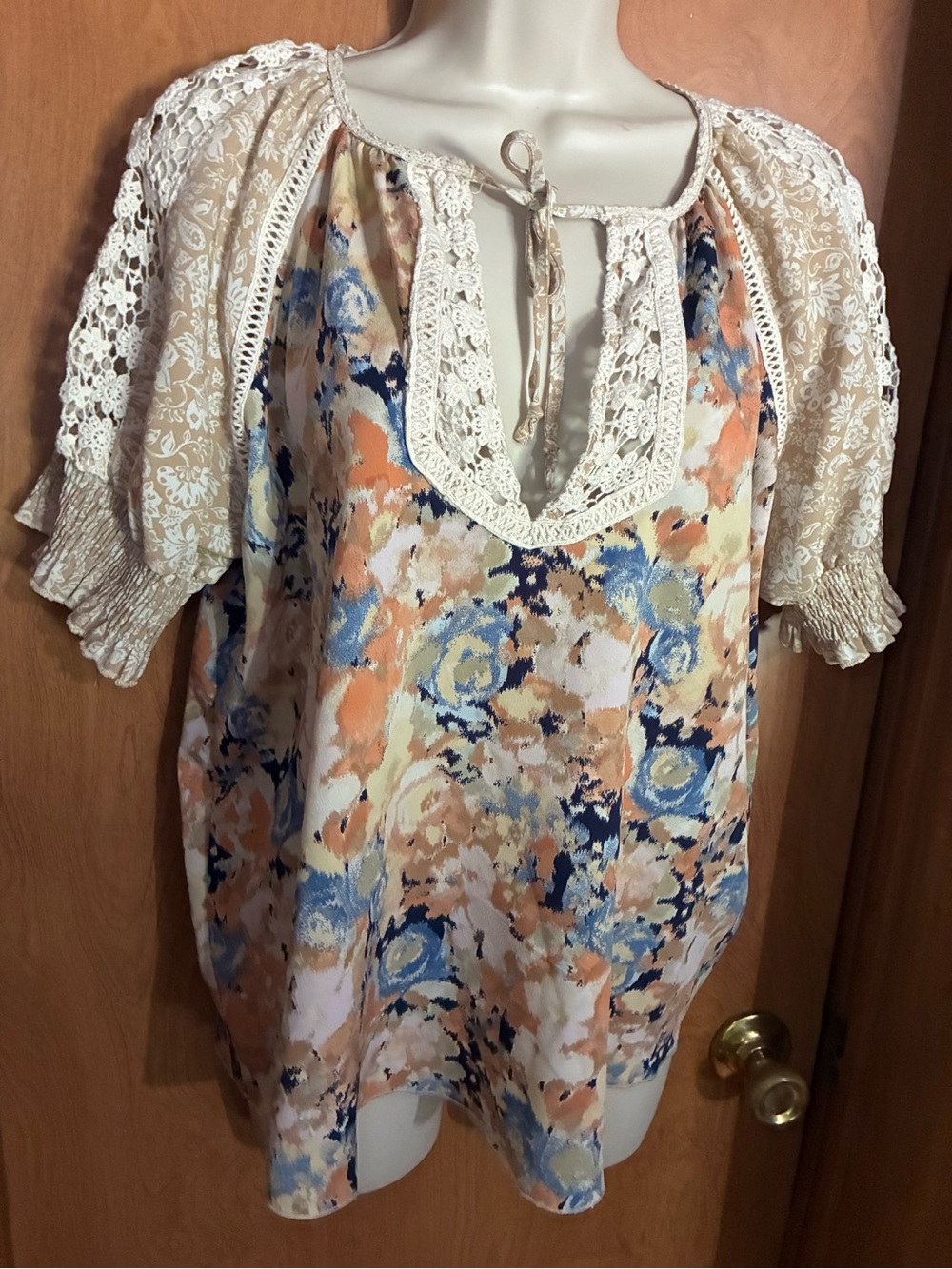 Lace Trim Floral Peasant Blouse - Cream & Multi Patchwork Boho Medium